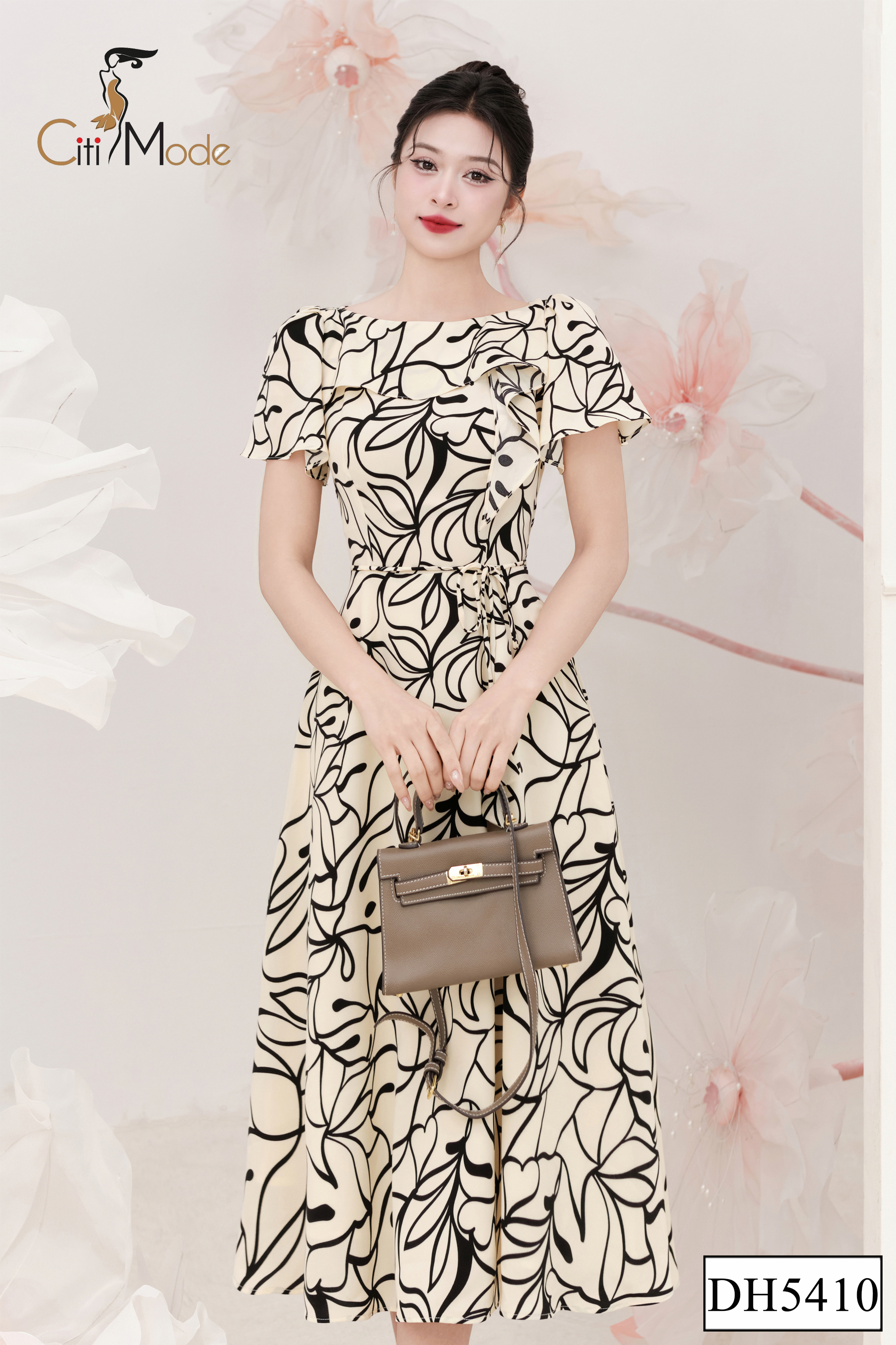 Đầm xòe họa tiết cổ thuyền bèo sườn