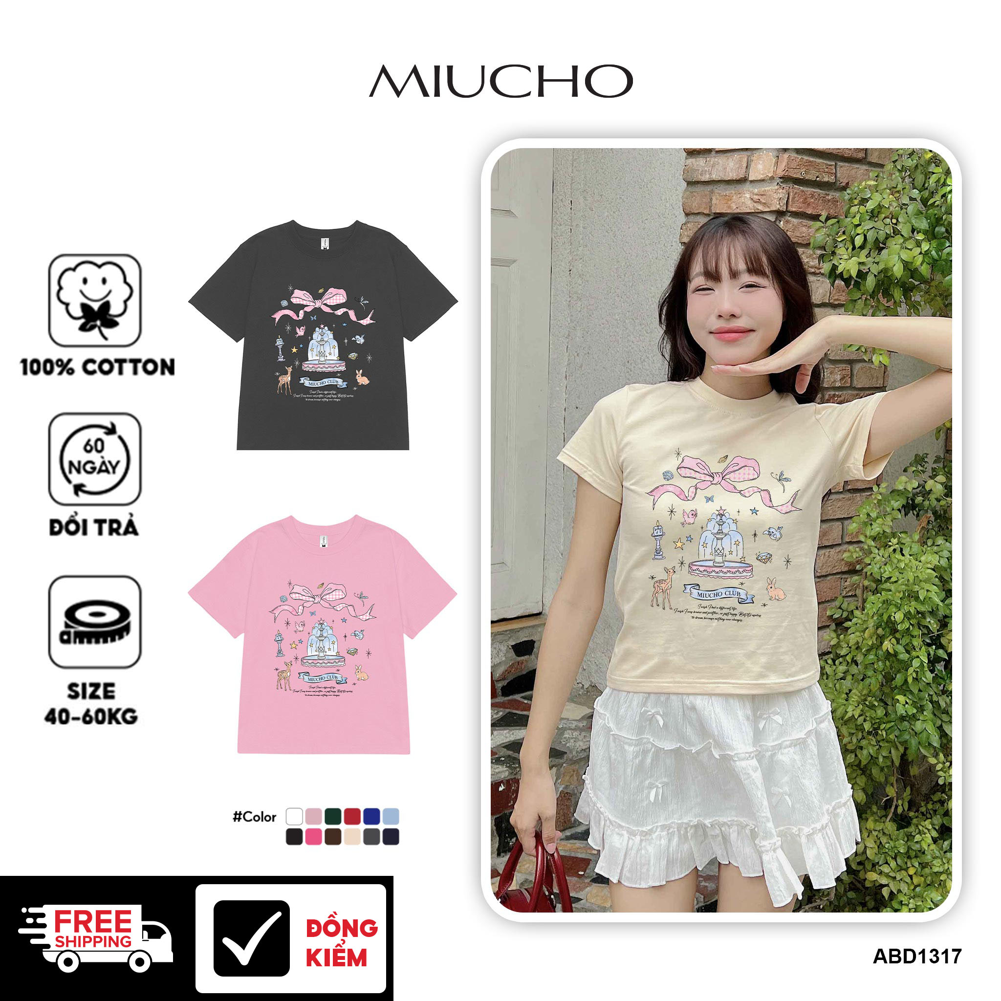 Áo thun baby tee nơ conquette xinh form ôm ABD1317 Miucho tay ngắn cổ tròn hotrend in mix