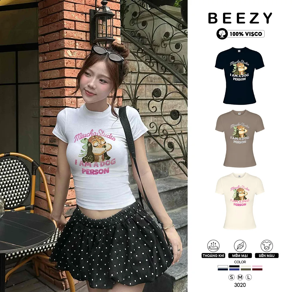 Áo baby tee nữ ôm body hack dáng Beezy vải visco thoáng mát cún in mix dễ thương 3020