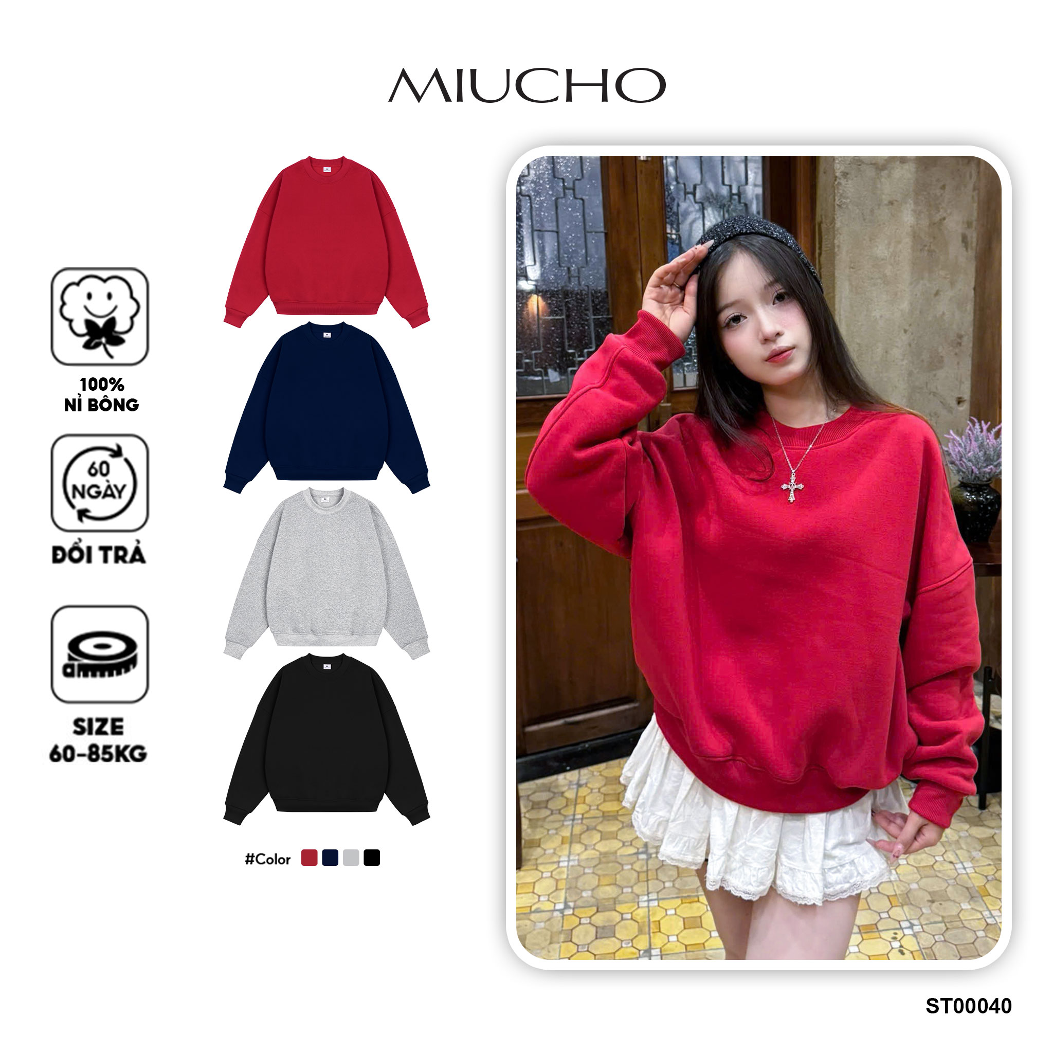 Áo sweater nam nữ trơn form boxy ST00040 Miucho cổ tròn vải nỉ bông 350 GSM