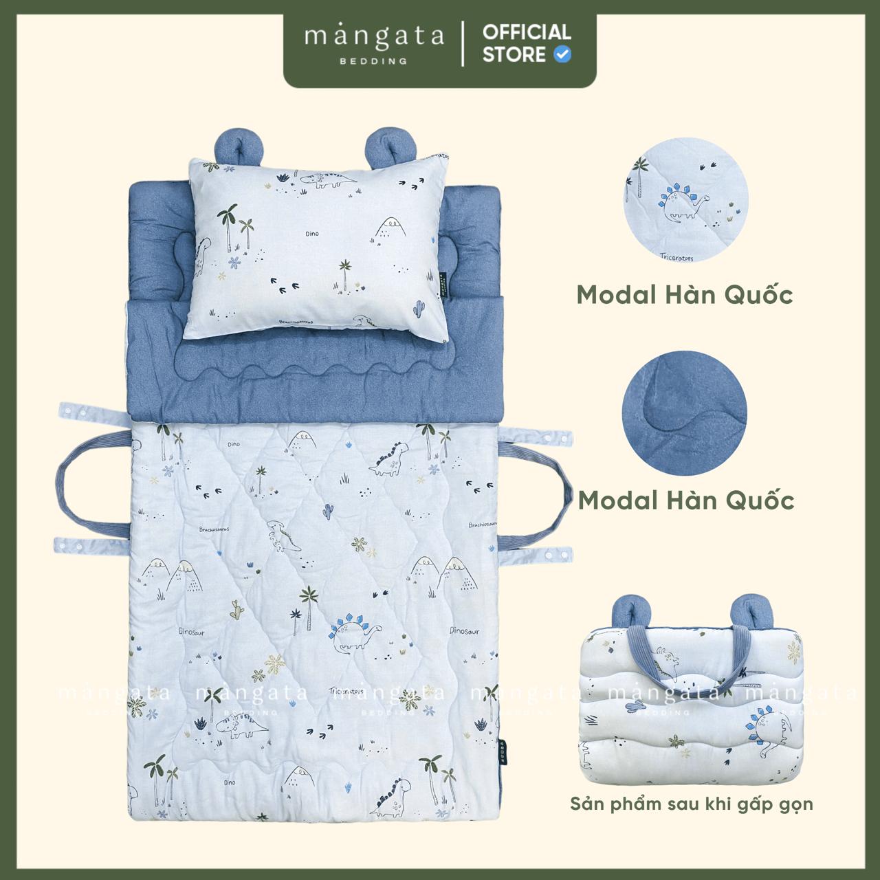 Mẫu Khủng long xanh - Bộ chăn gối gấp gọn đi học 