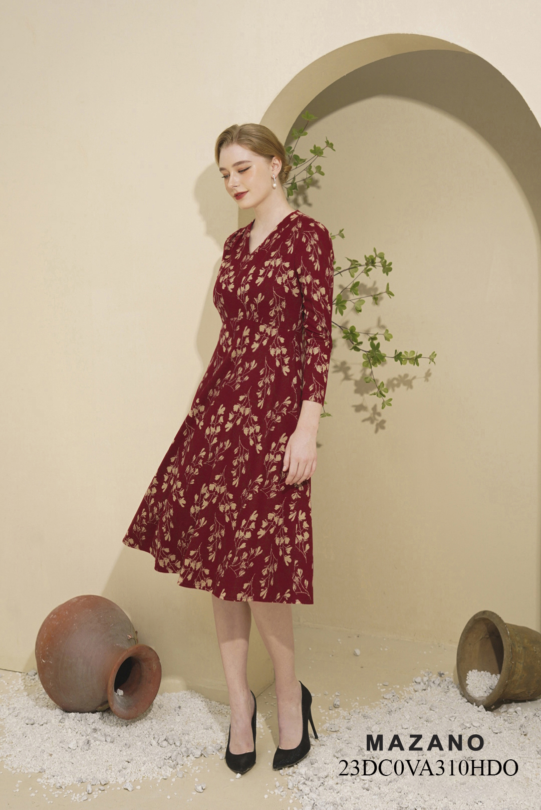 Váy Đầm Ôm Chân xếp ly Vải dạ len Cổ V Tay dài Dài ngang bắp chân_thumbnail_2