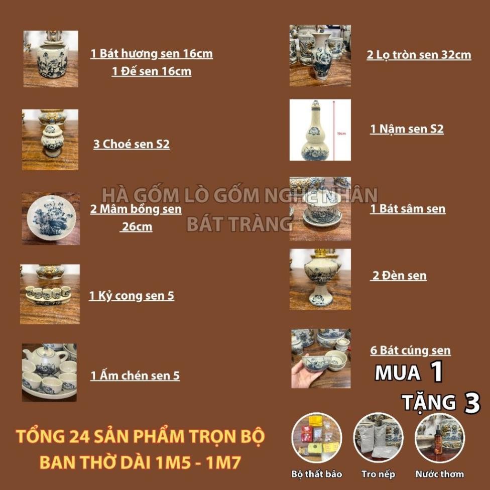 HG102 Đồ Thờ Cúng Bộ 24 món ban thờ 1M5 - 1M7 men rạn trơn nghệ nhân Bát Tràng chế tác TẶNG Thất Bảo, Tro Nếp_thumbnail_1