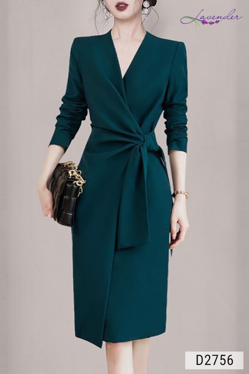 Đầm ôm A công sở Thời trang Lavender xếp ly eo buộc nơ xanh dương D2756