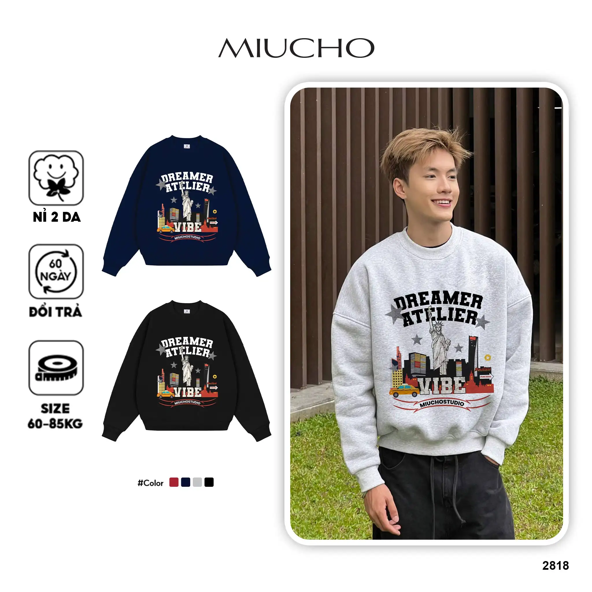 Áo Sweater nam form boxy Miucho Club nỉ 2 da mềm mại thoáng mát Dreamer Atelier in mix 2818