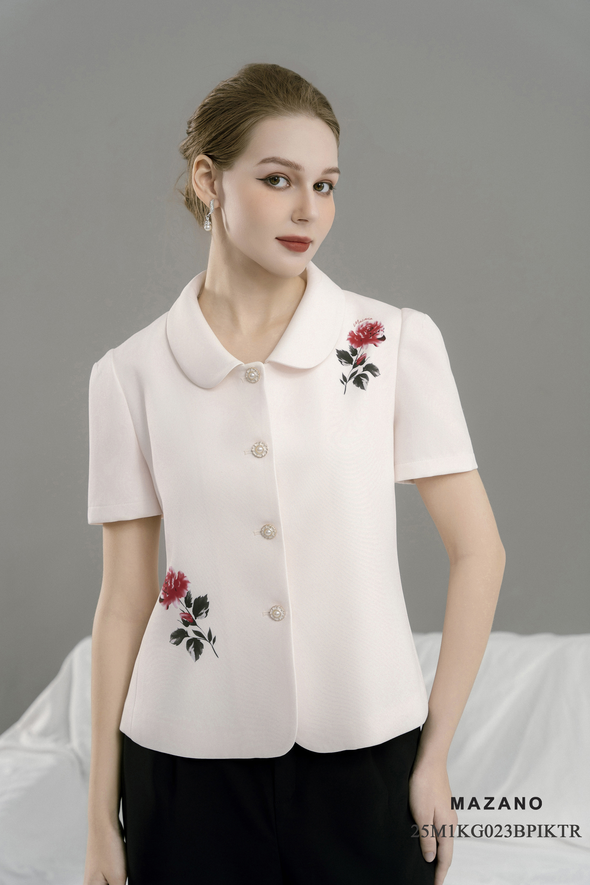 Áo ký giả Vải thô chun In họa tiết hoa hồng Cổ bẻ Tay ngắn Dài dưới eo