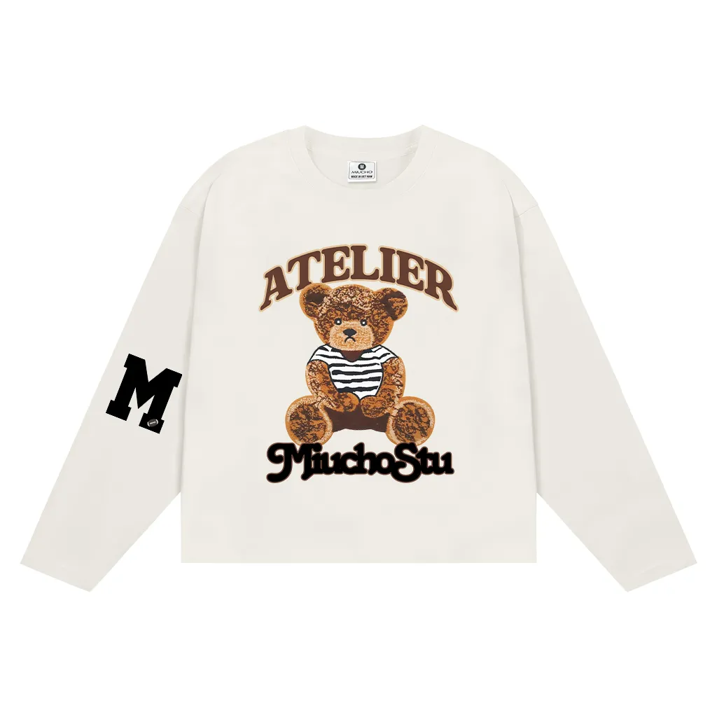Áo thun tay dài boxy Miucho cotton thoáng mát co giãn 2C hình gấu teddy Atelier 2651