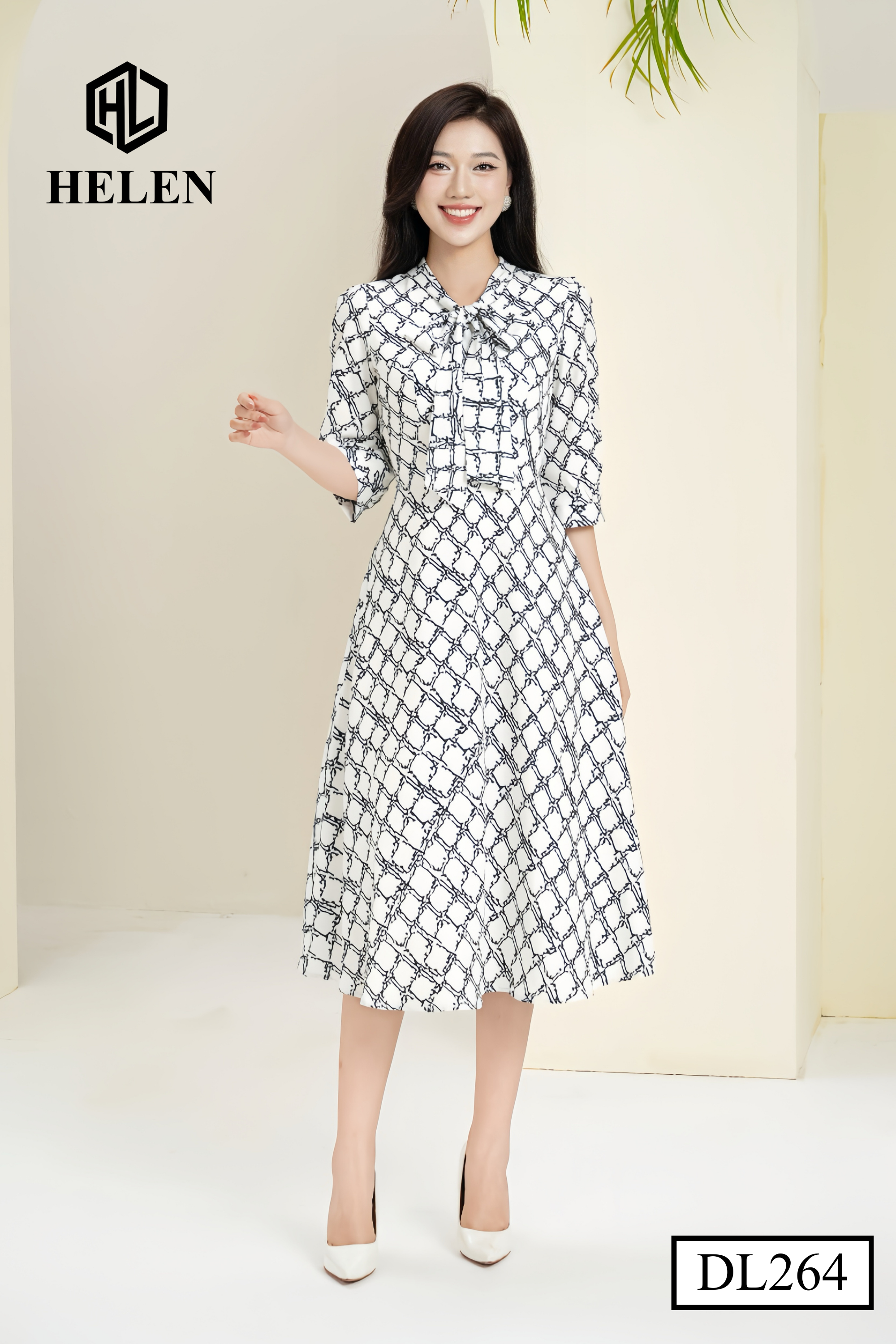 Đầm xòe kẻ đen trắng thắt nơ giữa DL264_thumbnail_2