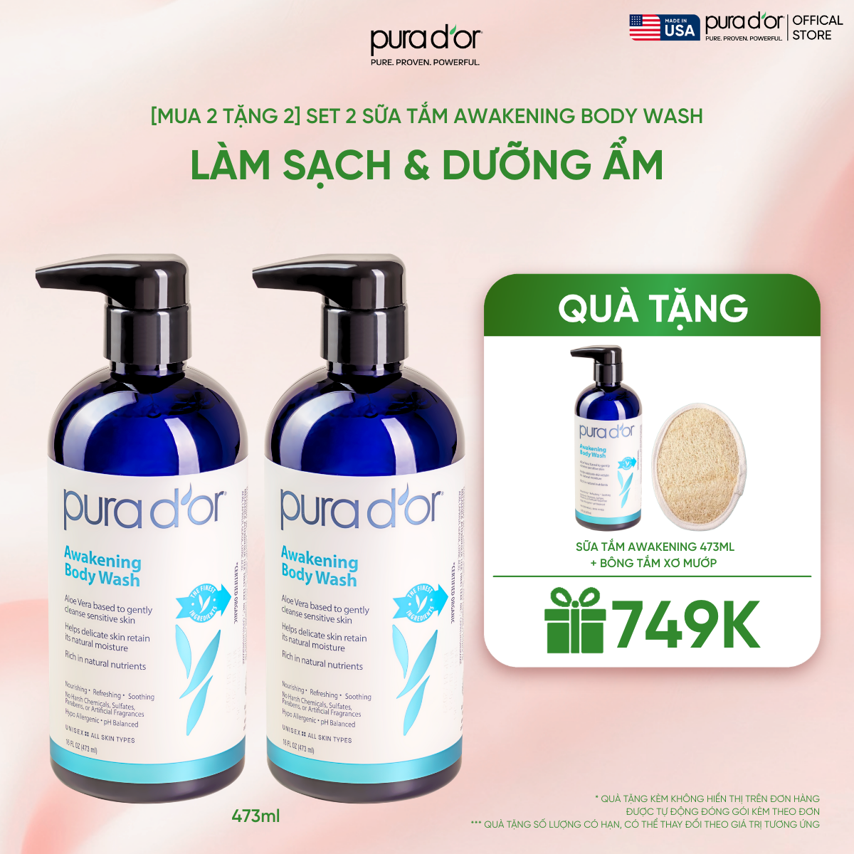[Mua 2 tặng 1] Set 2 Sữa Tắm Pura D'or Awakening Body Wash Giúp Làm Sạch & Dưỡng Ẩm 473ml