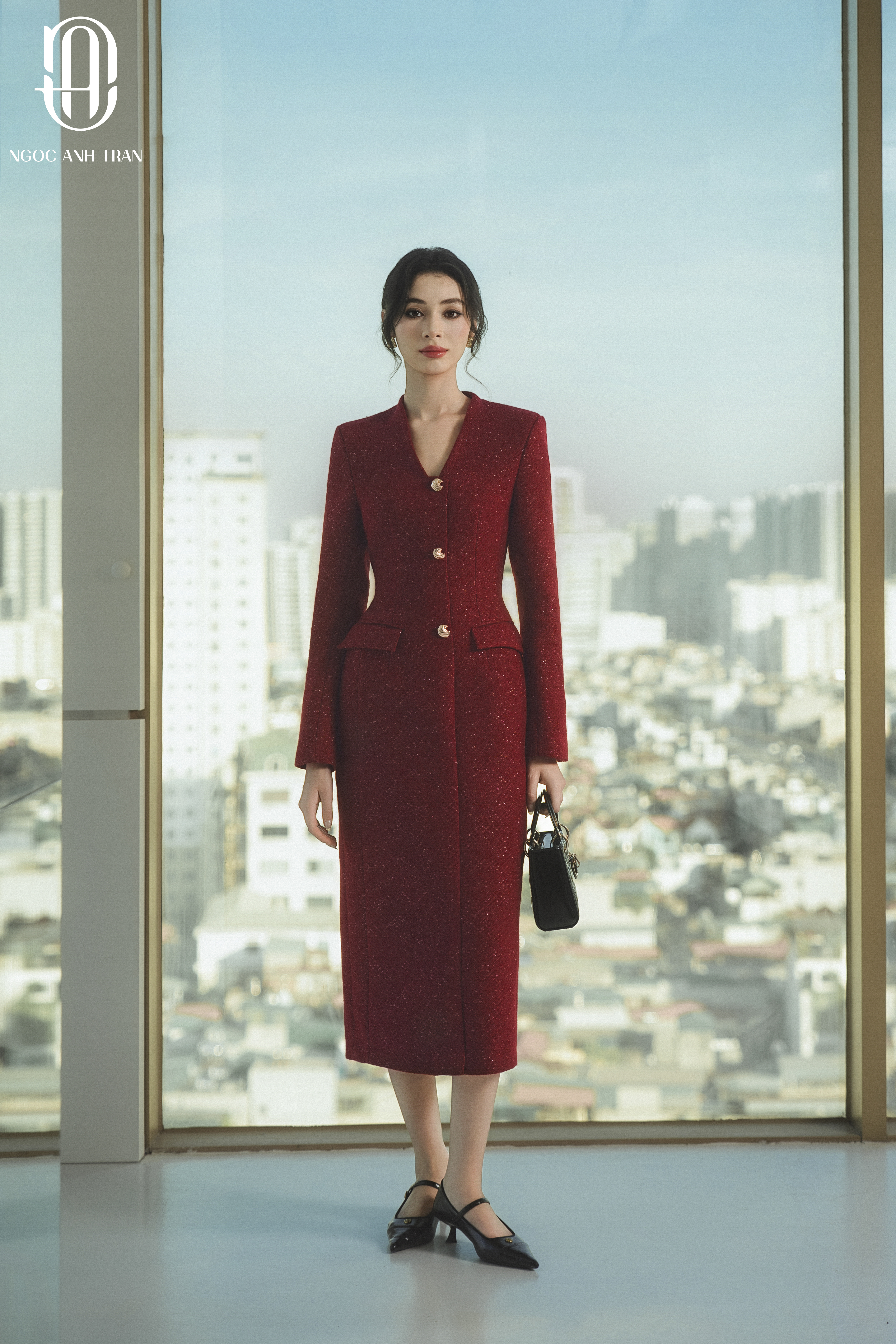 D156 - Đầm tweed đỏ rượu vang dài tay