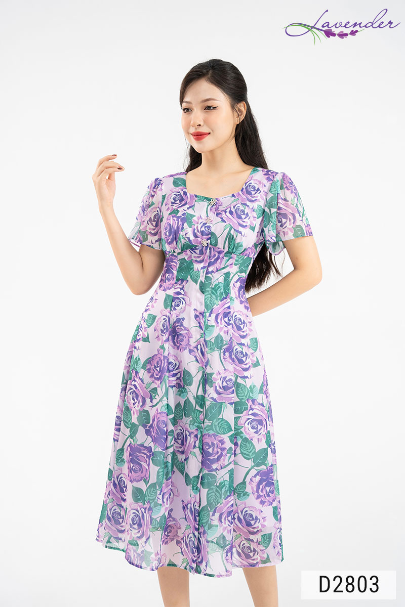 Đầm xòe hoa tím xanh Thời trang Lavender cổ vuông tay ngắn D2803
