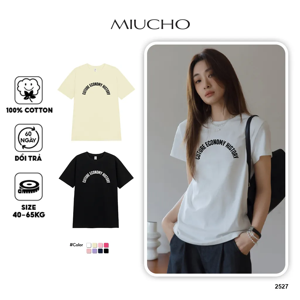 Áo thun form vừa basic in chữ 2527 Miucho Chic vải cotton mềm mại thoáng mát cổ tròn in typography