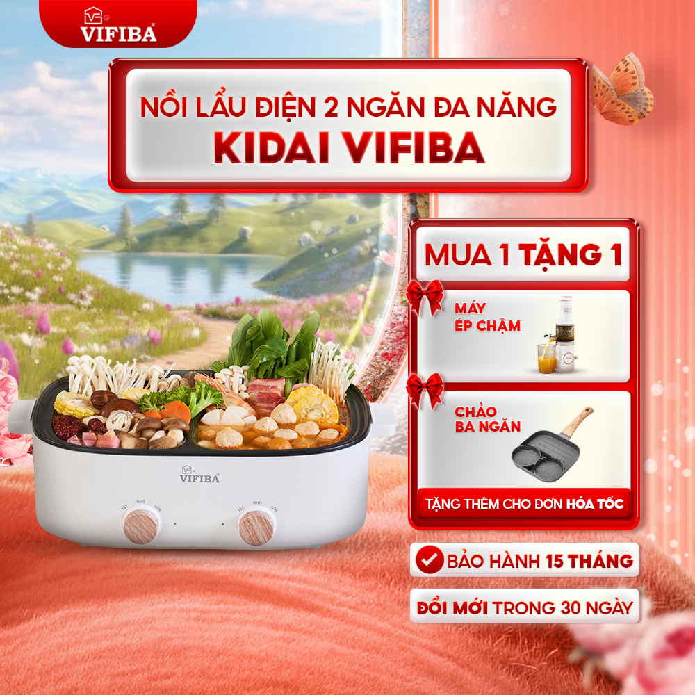 Nồi Lẩu 2 Ngăn Kidai Vifiba - Song Lẩu - TẶNG MÁY ÉP CHẬM
