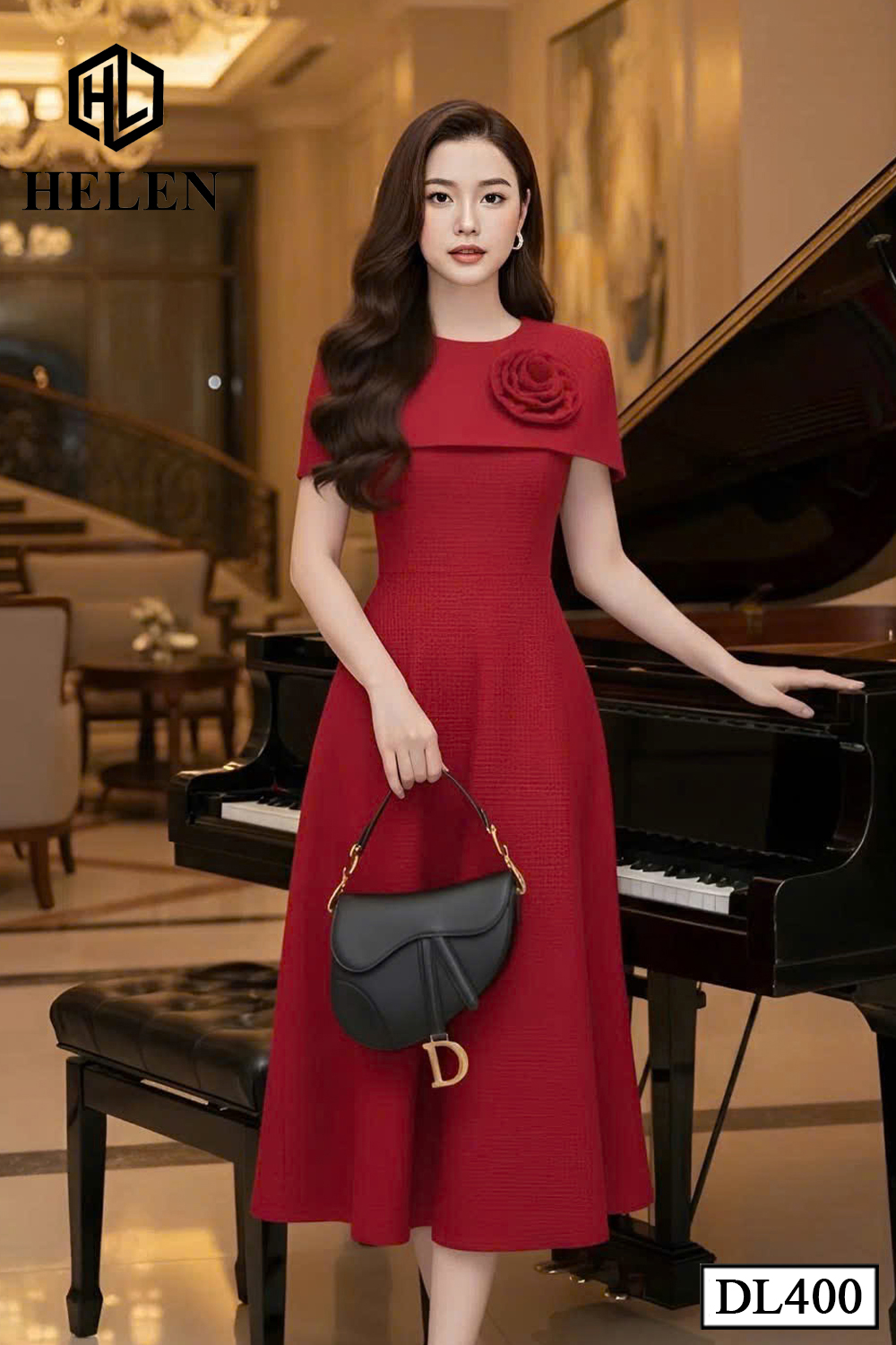 Đầm xòe đỏ cổ chùm vai DL400