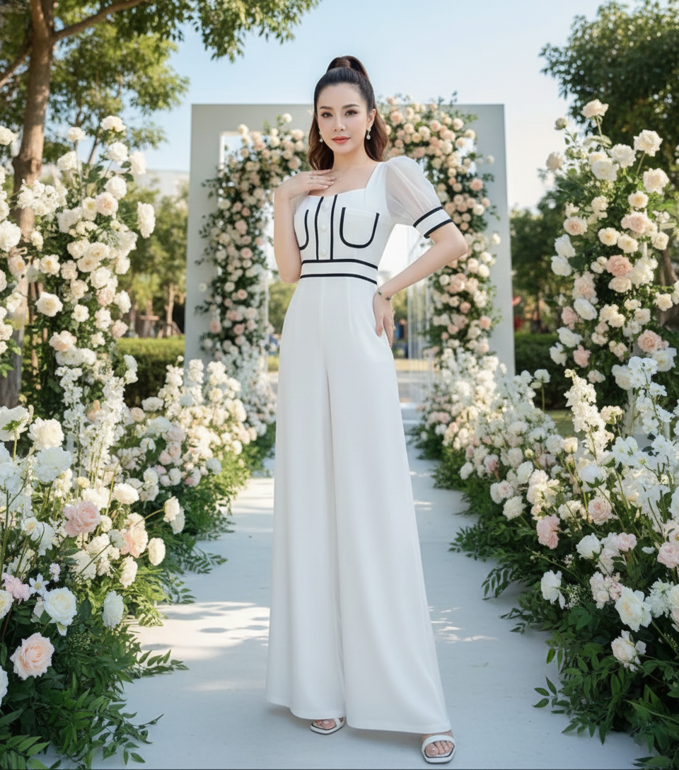 Jumpsuit dài cổ U tay bồng phối viền Phong Cách_thumbnail_1