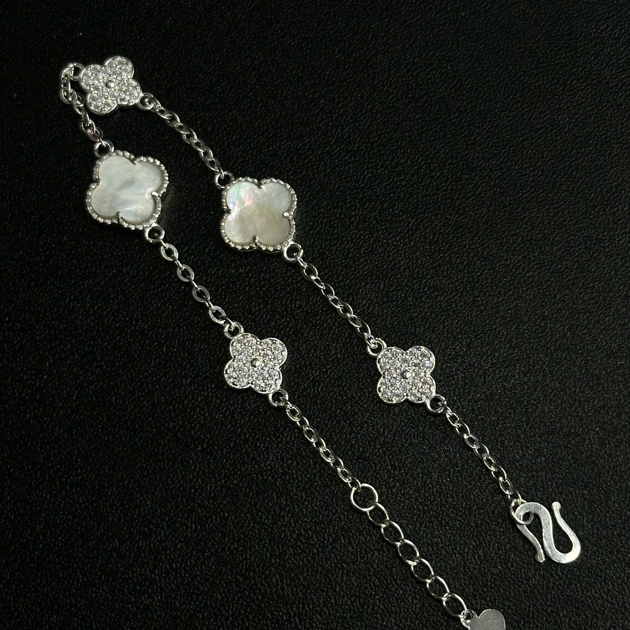 Vòng tay bạc van cleef đá xà cừ xen kẽ đá kim cương_thumbnail_3