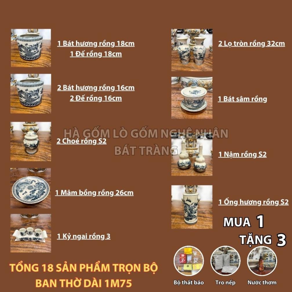 HG119 Đồ Thờ Cúng Bộ 18 món ban thờ 1M75 men rạn trơn nghệ nhân Bát Tràng chế tác TẶNG Thất Bảo, Tro Nếp_thumbnail_1