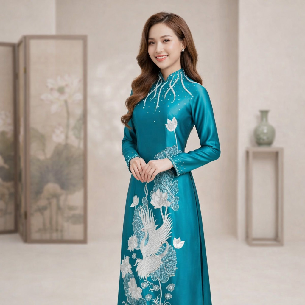 Áo Dài Mẹ Cô Dâu Chú Rể Thêu Hạc Hoa Sen Sang Trọng Chất Liệu Ruby Cao Cấp AM26-13_thumbnail_2