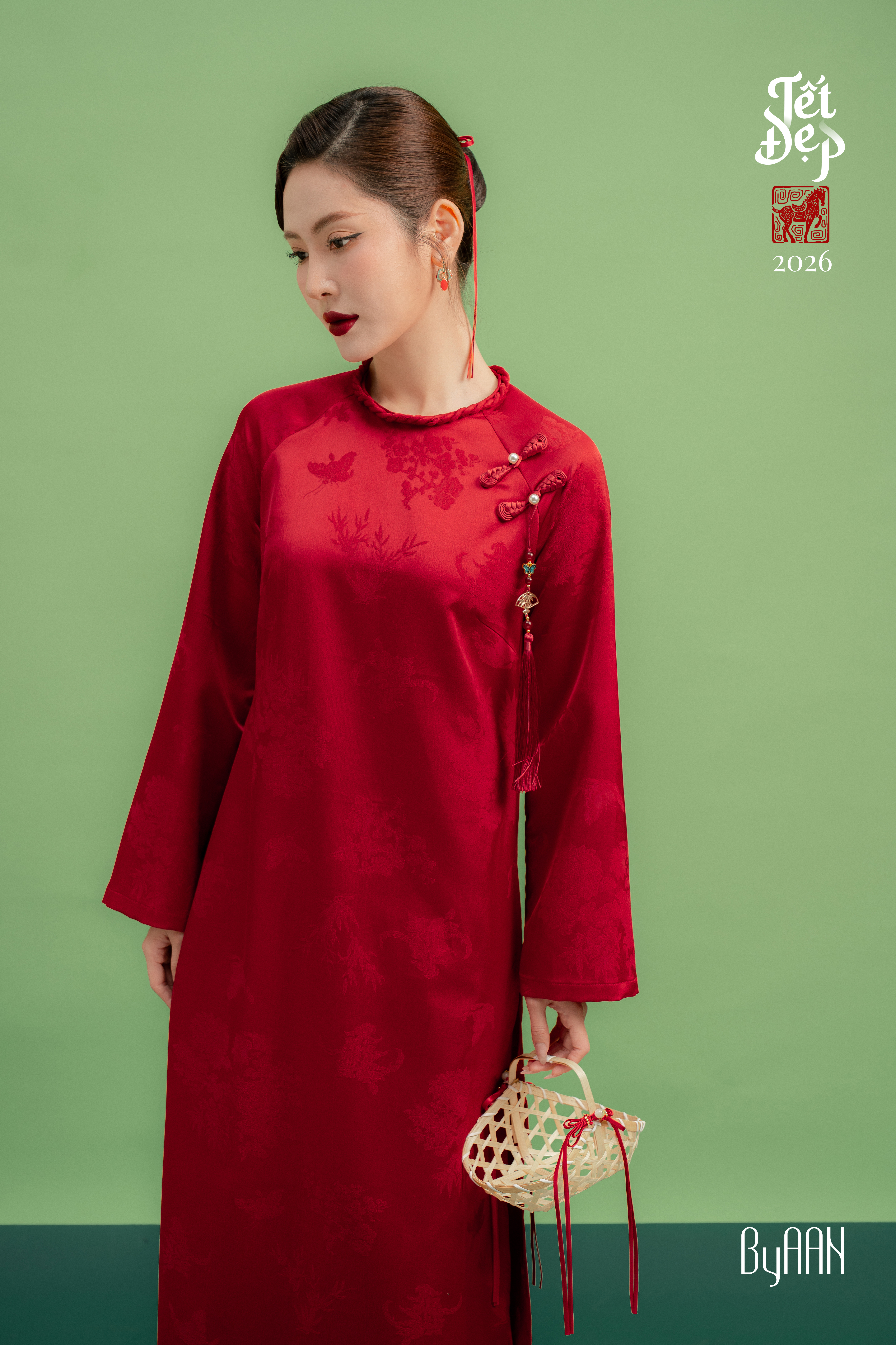 Set áo dài lụa Hàng Châu đỏ đô họa tiết hoa_thumbnail_8