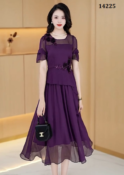 14225-Đầm Tím xòe kiểu peplum kết hoa tay  loe  cách điệu (voan sọc, lót)_thumbnail_1