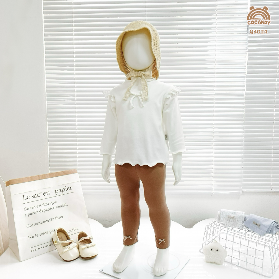 Quần dài legging NÂU chỉ sóng nơ