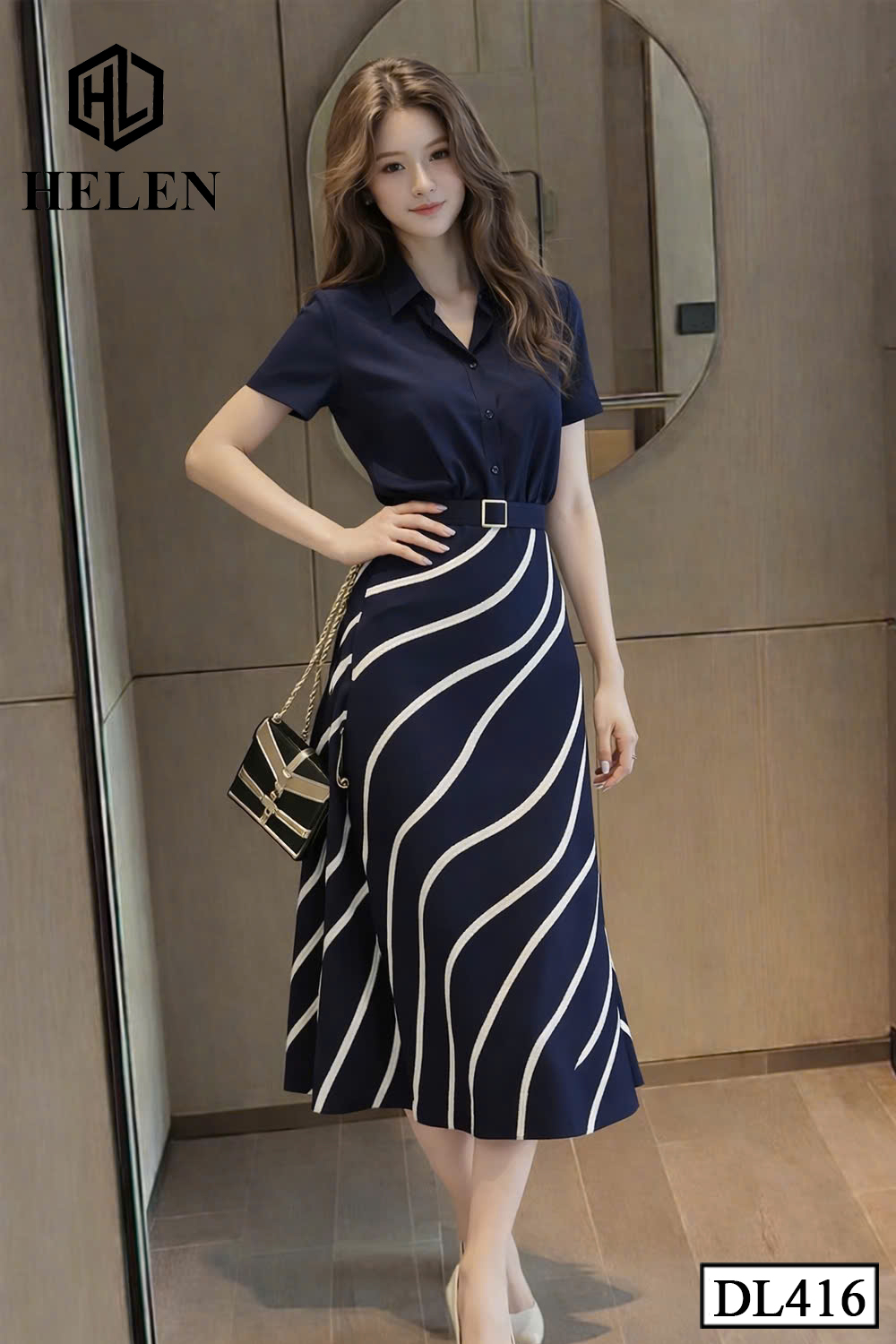 Đầm liền thân xòe xanh cổ đức phối chân họa tiết DL416_thumbnail_2