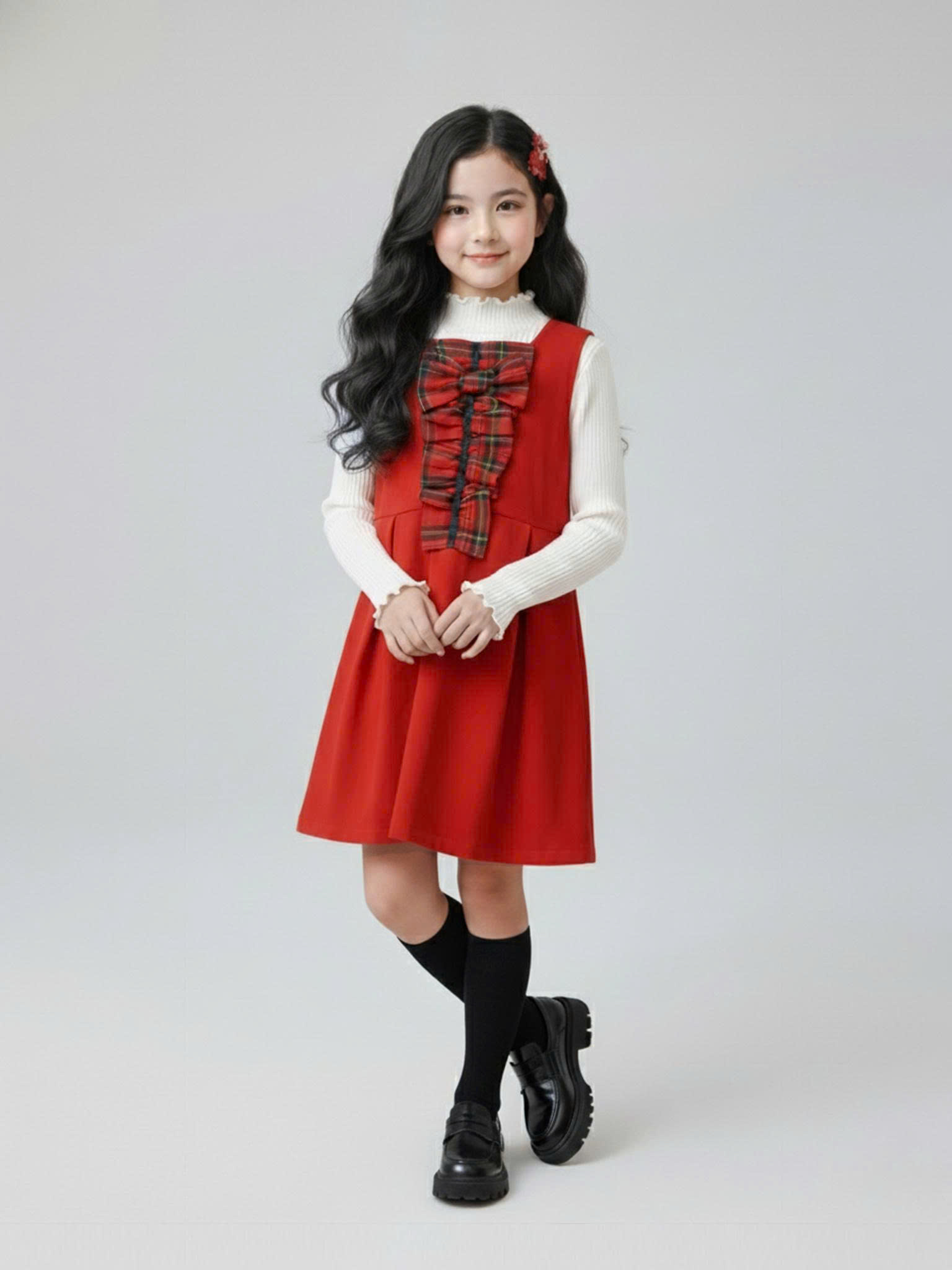 Váy nỉ đỏ nơ bèo ngực kẻ caro