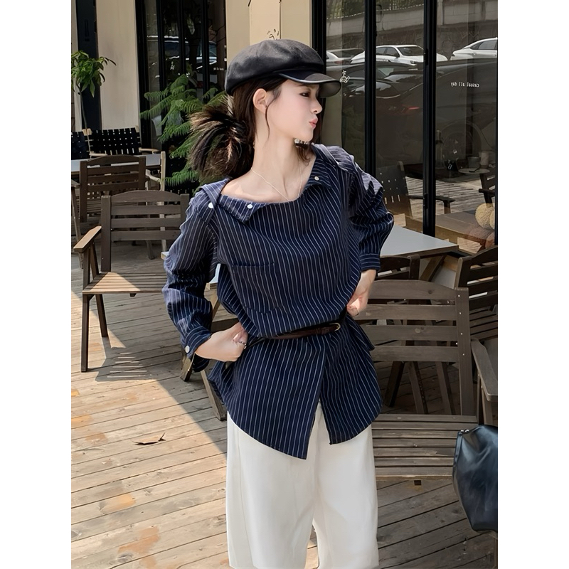 [Kèm dây lưng] Áo sơmi kẻ form suông đính cúc vai mặc được nhiều kiểu, áo sơ mi dài tay kèm dây lưng Logastore_142