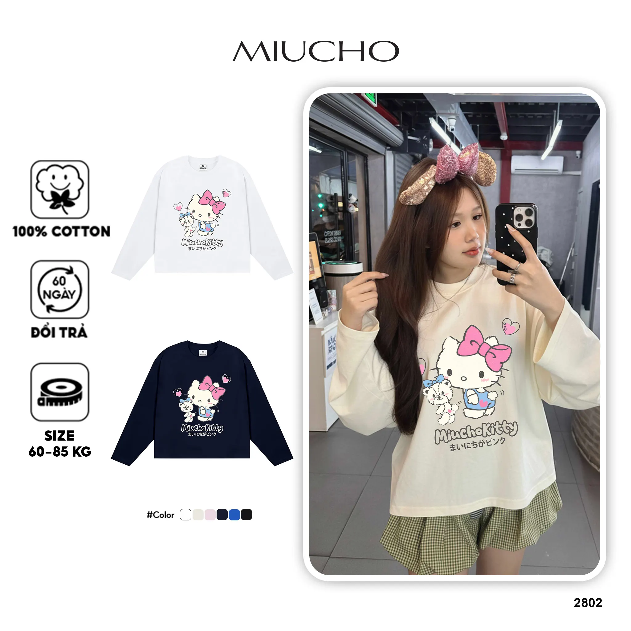 Áo thun nữ form boxy Miucho vải cotton thoáng mát thấm hút tốt tay dài cổ tròn Kitty dễ thương 2802