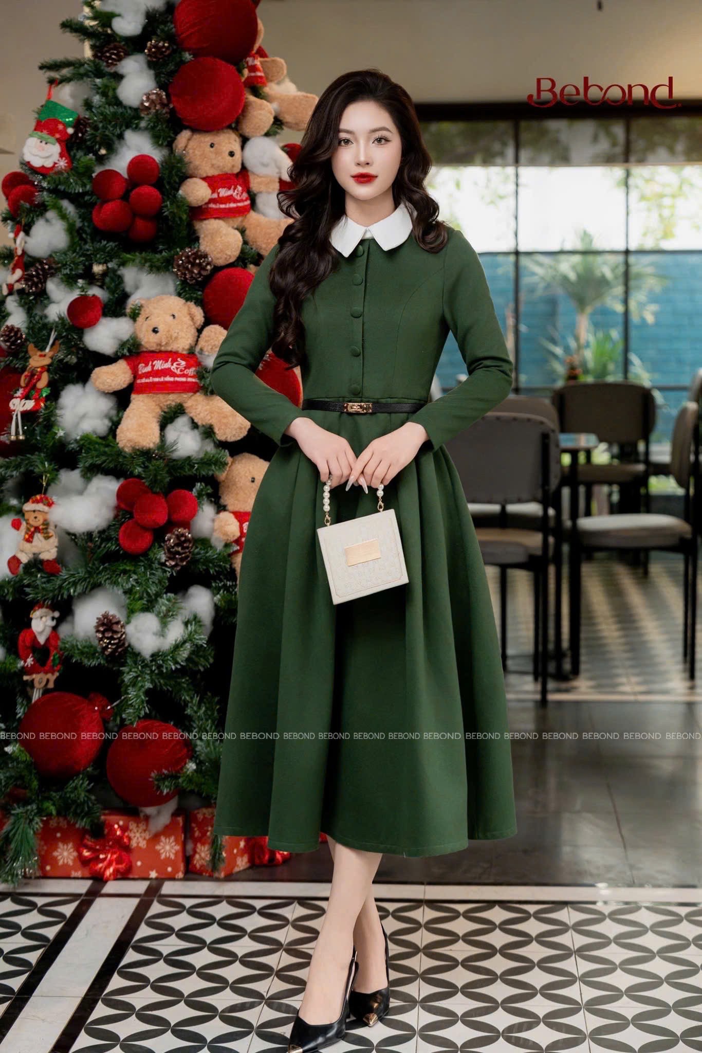 Đầm dạ dài tay cổ sơ mi KAIRA màu XANH RÊU