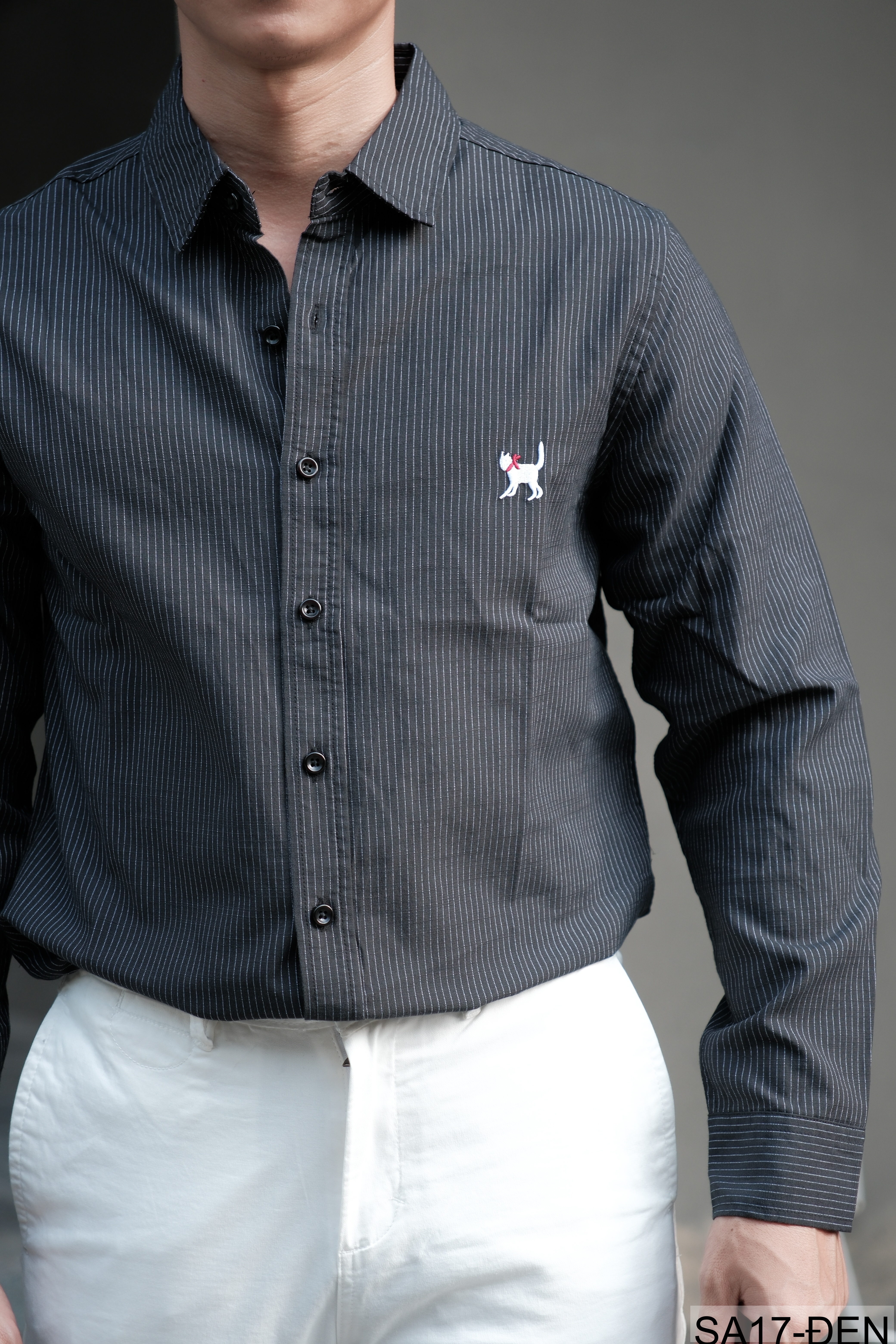 SA17 - Áo sơ mi nam dài tay thêu họa tiết mèo, form rộng, chất cotton 100%, phối sọc thời thượng_thumbnail_17