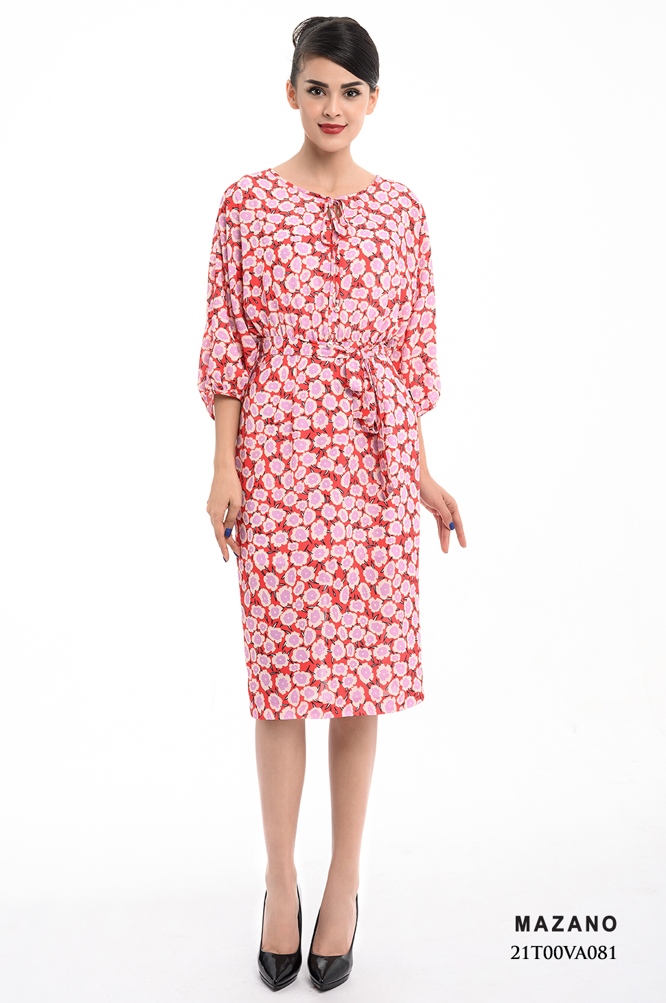 Đầm họa tiết hoa thắt dây đai cổ rút cách điệu_thumbnail_0