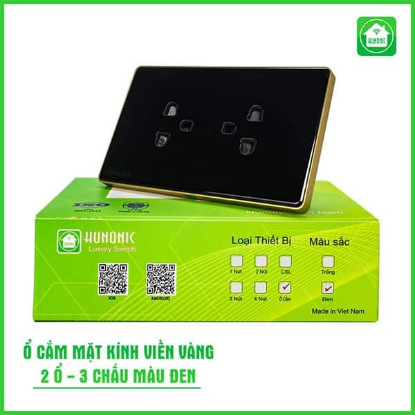Ổ Cắm Hunonic Mặt Kính Viền Vàng 3 Chấu