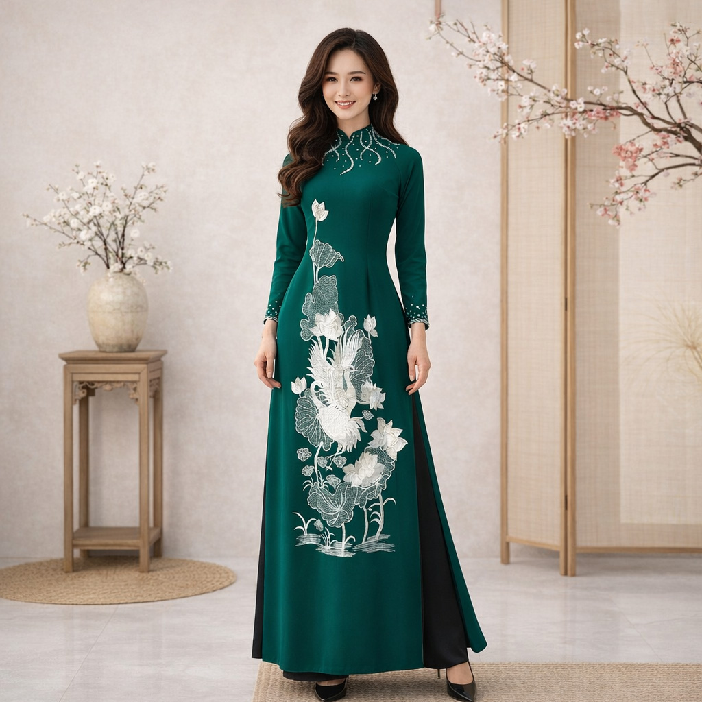 Áo Dài Mẹ Cô Dâu Chú Rể Màu Xanh Rêu Thêu Hạc Hoa Sen Sang Trọng AM26-12