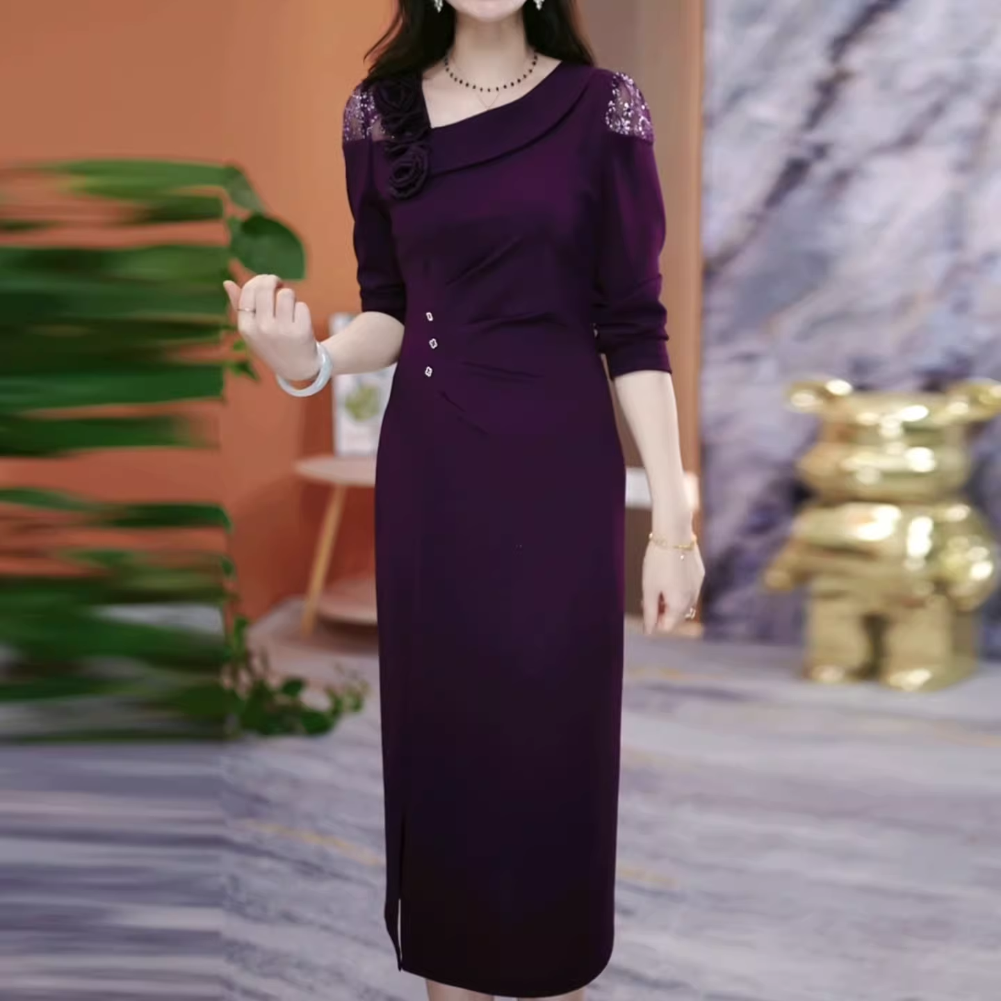 17759-Đầm body suông tím tay dài phối ren ( thun, ren)_thumbnail_0