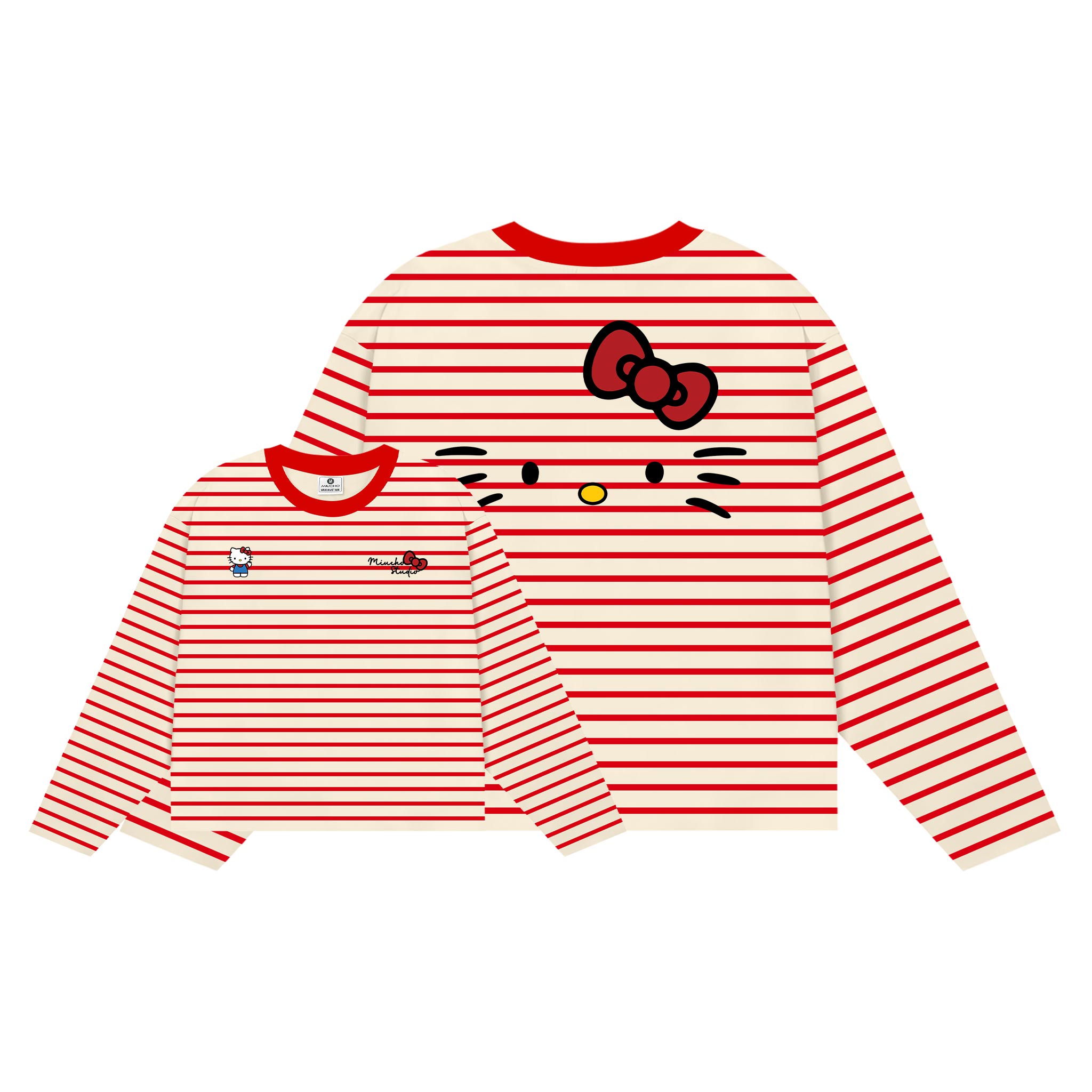 Áo thun boxy tay dài Miucho vải rib thoáng mát mềm mại co giãn tốt cổ tròn kẻ sọc kitty in mix 2691