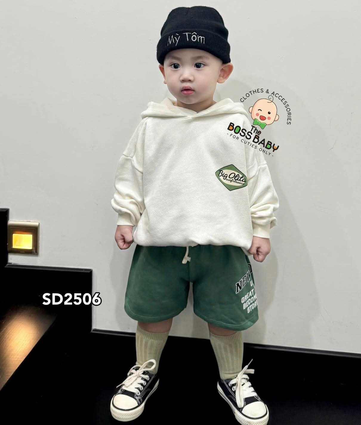 Set bộ nỉ mũ cotton xanh trắng Big Olita