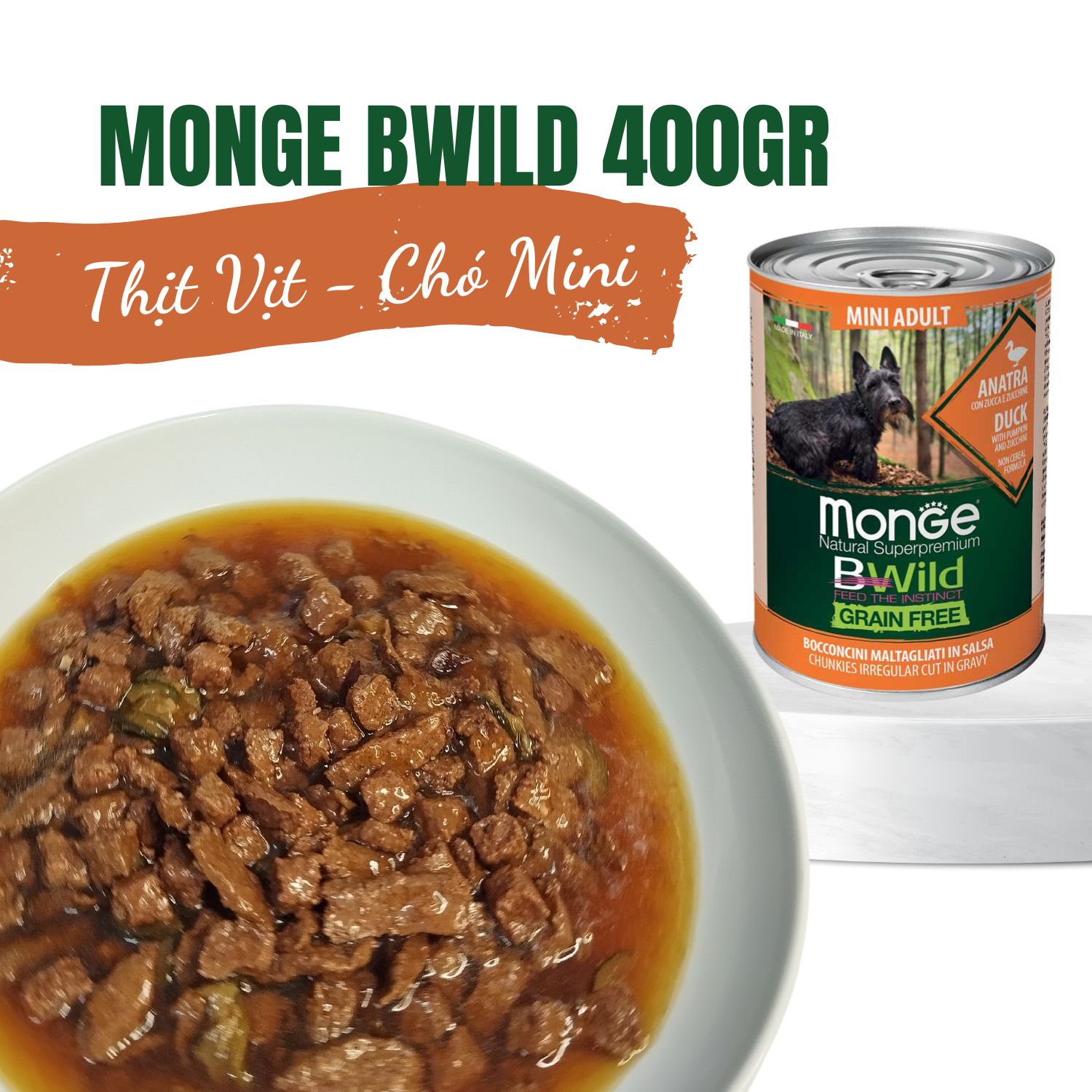 Pate MONGE Bwild cho giống chó nhỏ Grain Free  400gr (Hương vị thịt Vịt, Bí đỏ và Bí Xanh)_thumbnail_2