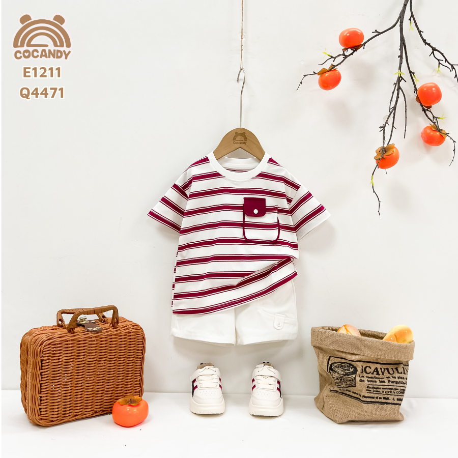 Áo cộc thun kẻ ĐỎ TRẮNG phối túi nẹp đỏ