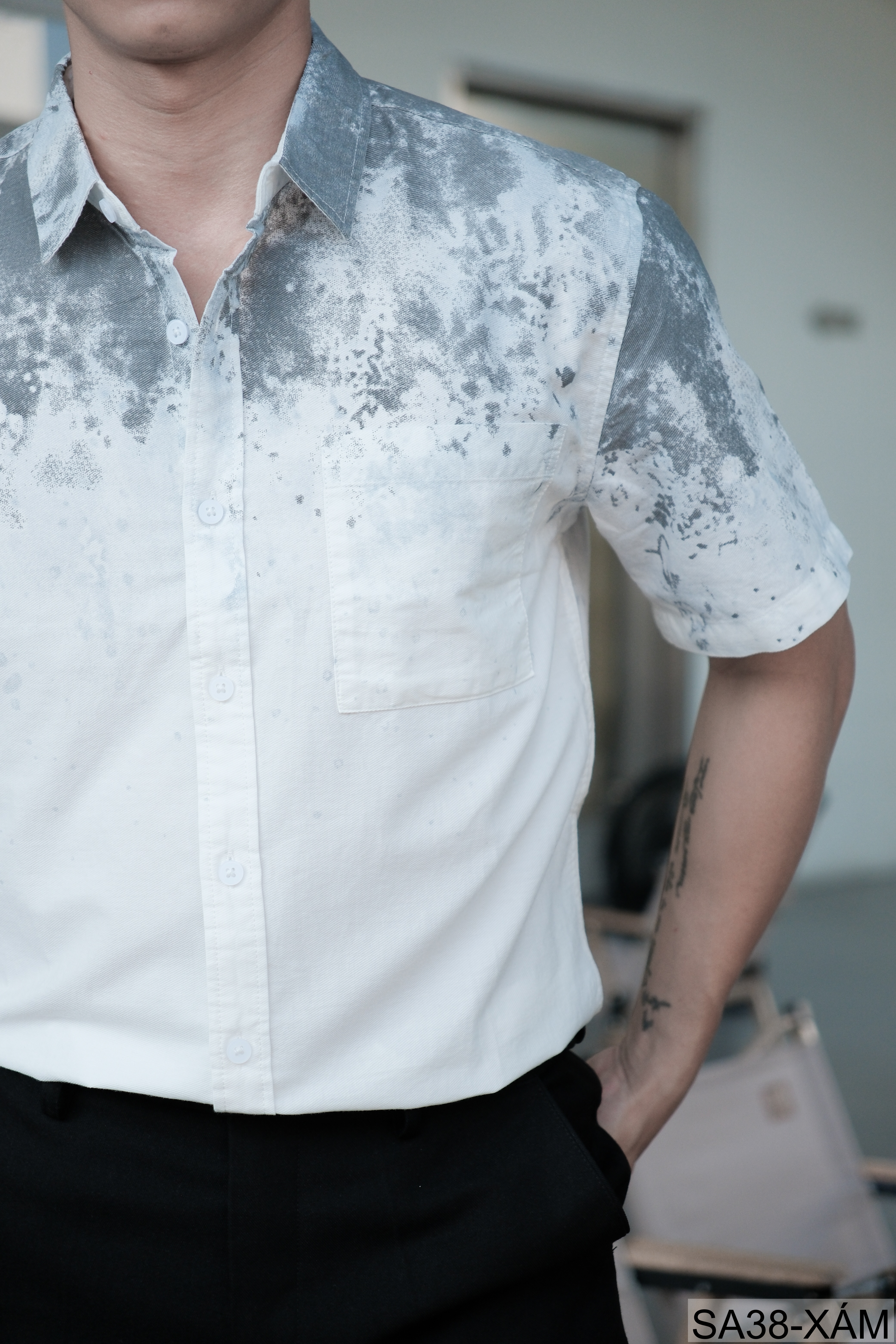 SA38 - Áo sơ mi nam tay ngắn họa tiết loang màu xanh lá và xám, phong cách trẻ trung mùa hè_thumbnail_17