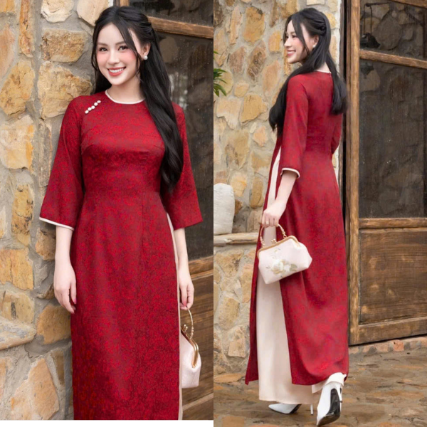 Áo dài Gấm G102 màu Đỏ Đô cổ tròn khít tay lỡ_thumbnail_1