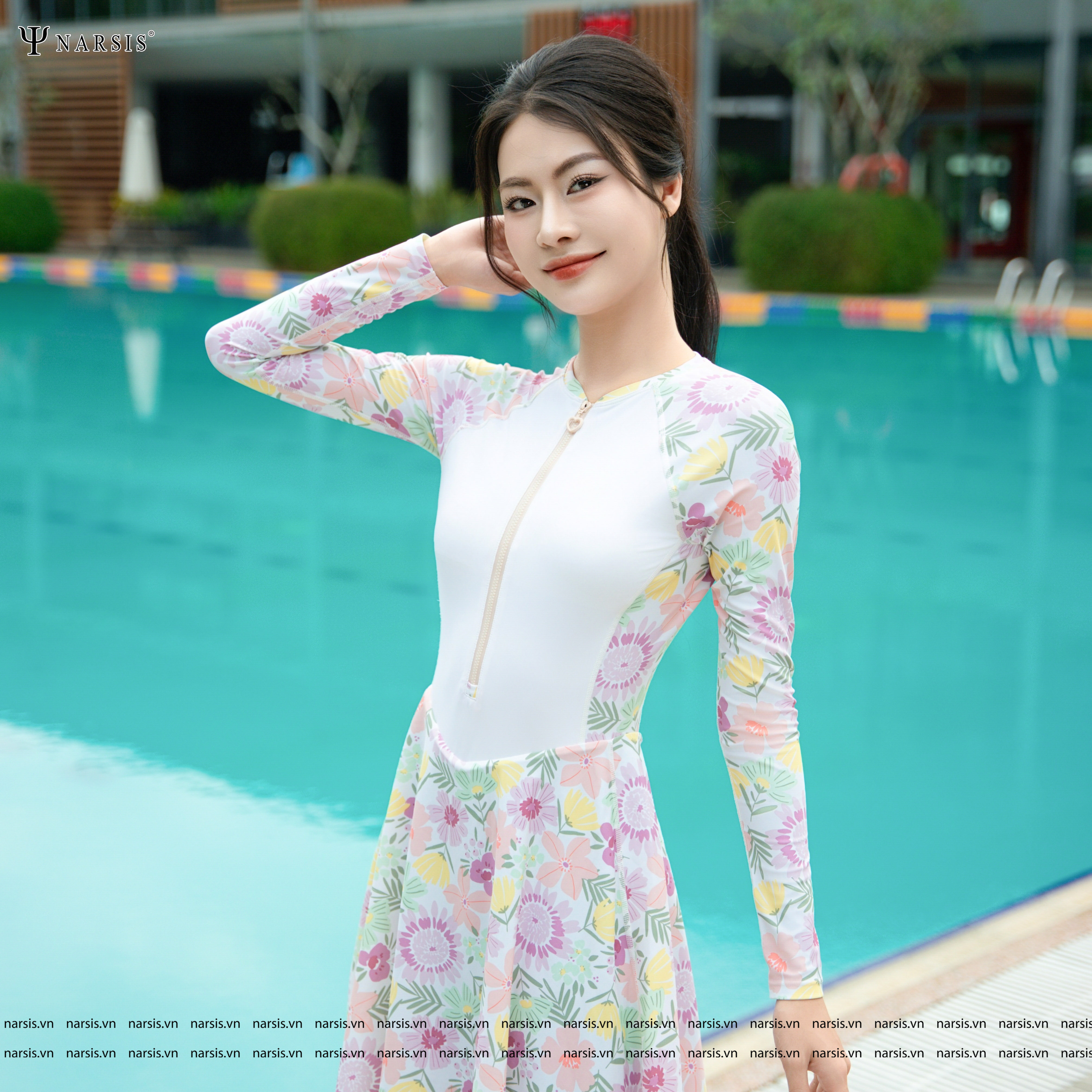 Váy Bơi Nữ Liền Thân Tay Dài Narsis Bộ Đồ Bơi Kín Đáo Có Khóa Kéo Trước Ngực Không Giữ Nước A25003