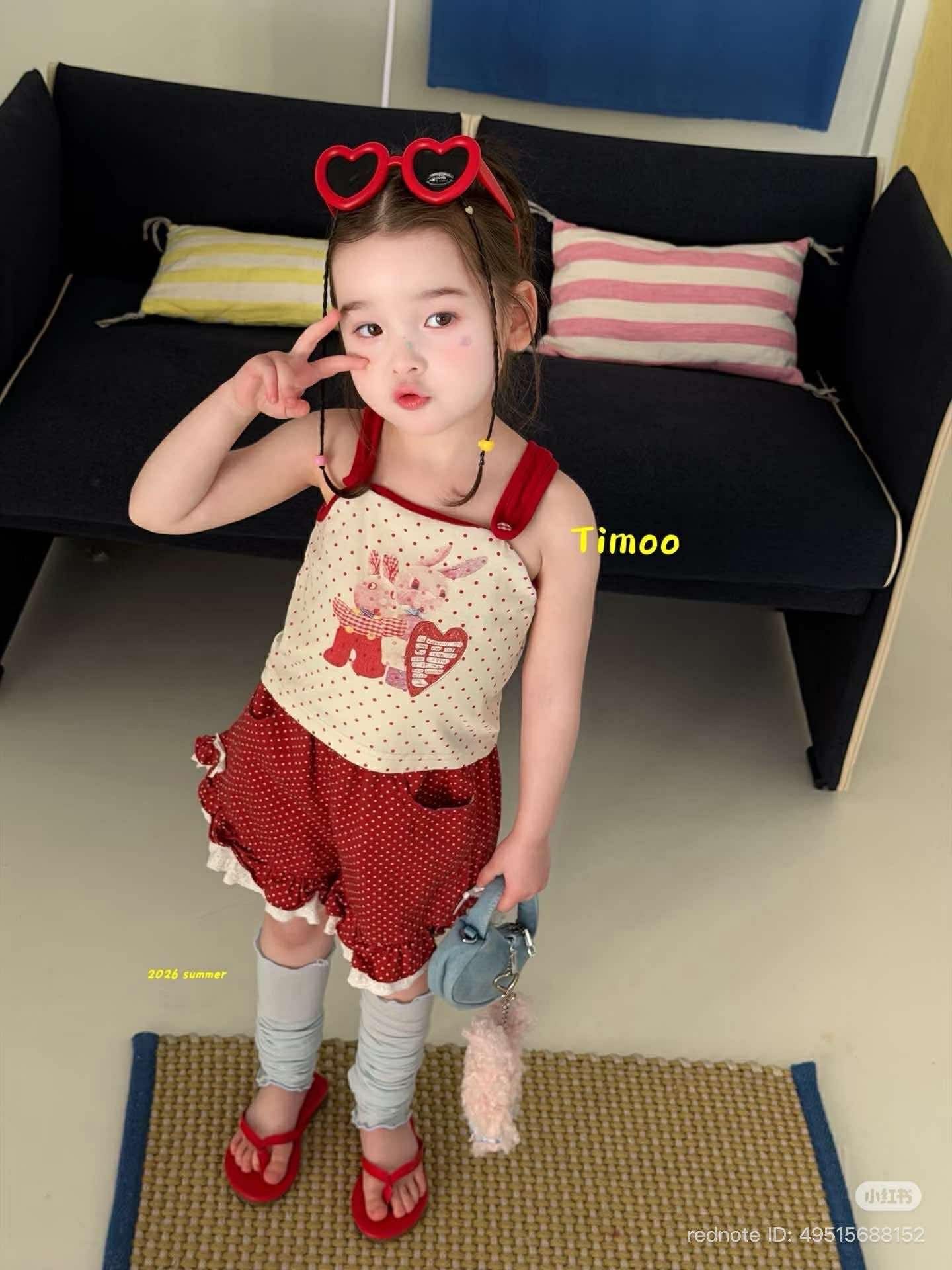 A120 - Áo cotton 2 dây in hình thỏ chấm bi màu kem đỏ hãng Timoo