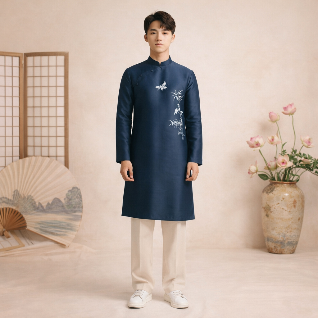 Áo Dài Nam Cách Tân Thêu Trúc – Vải Tafeta NA25-06