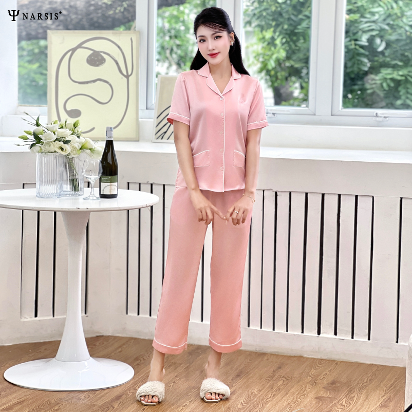 Đồ ngủ pijama lụa Narsis M24037 tay ngắn, quần dài, màu hồng thanh lịch._thumbnail_1