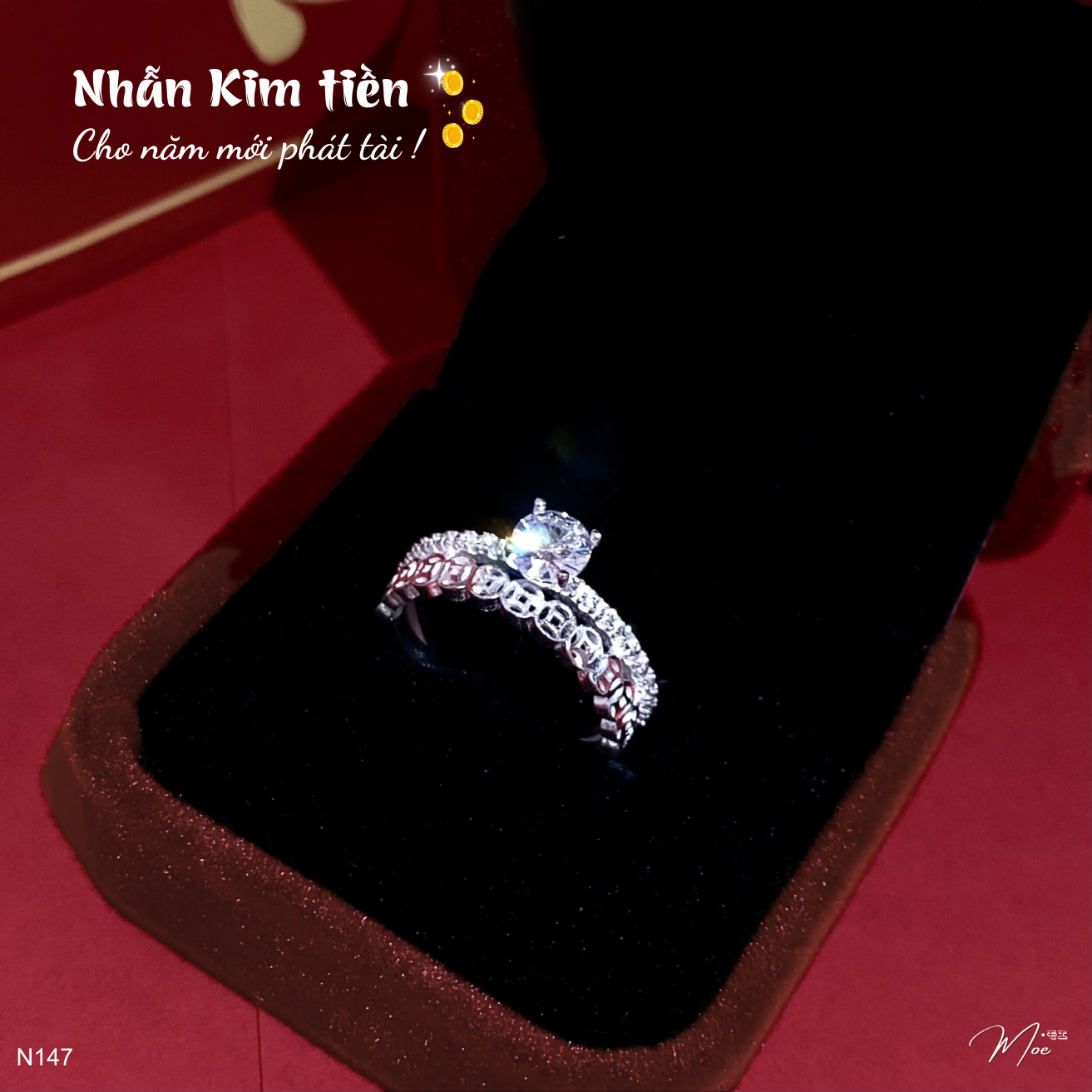 N147 - Nhẫn kim tiền kép dải đá kim cương