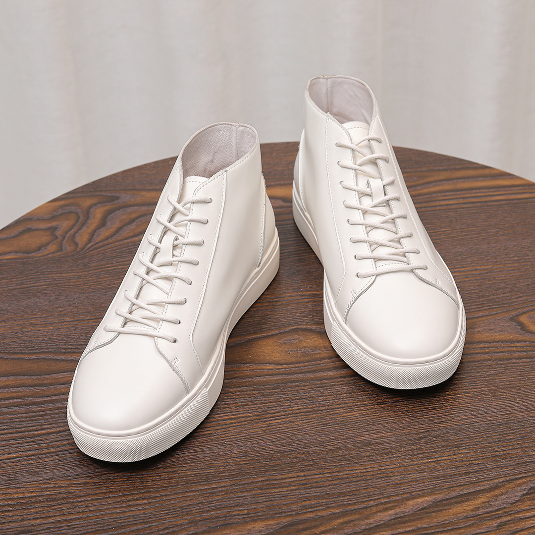 Giày thể thao cổ cao thu đông nam – Da bò lớp 1, làm thủ công, đế mềm kiểu Anh, trắng thời trang cổ điển