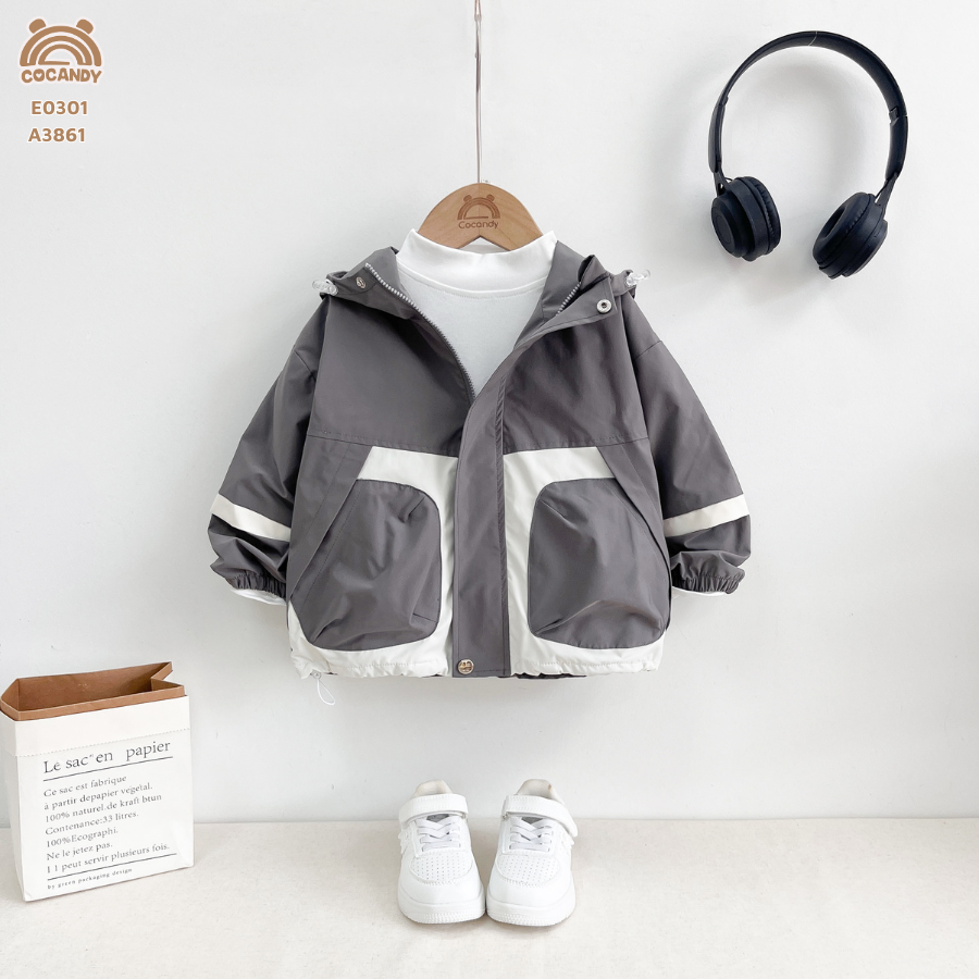 Áo khoác gió GHI lót lông phối BE túi phồng_thumbnail_2