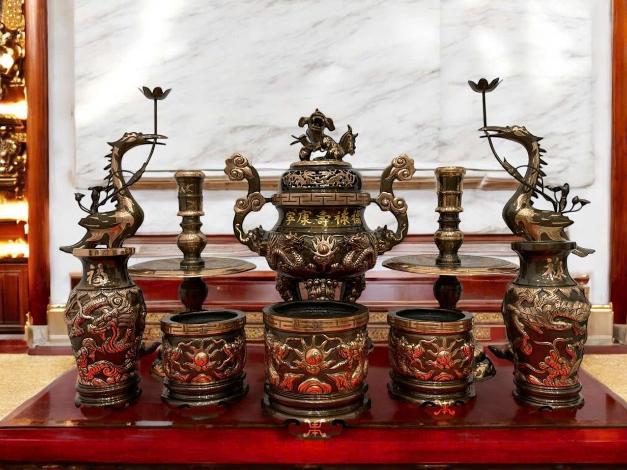 Bộ ngũ sự cao 60cm đúc đồng đỏ và phụ kiện 