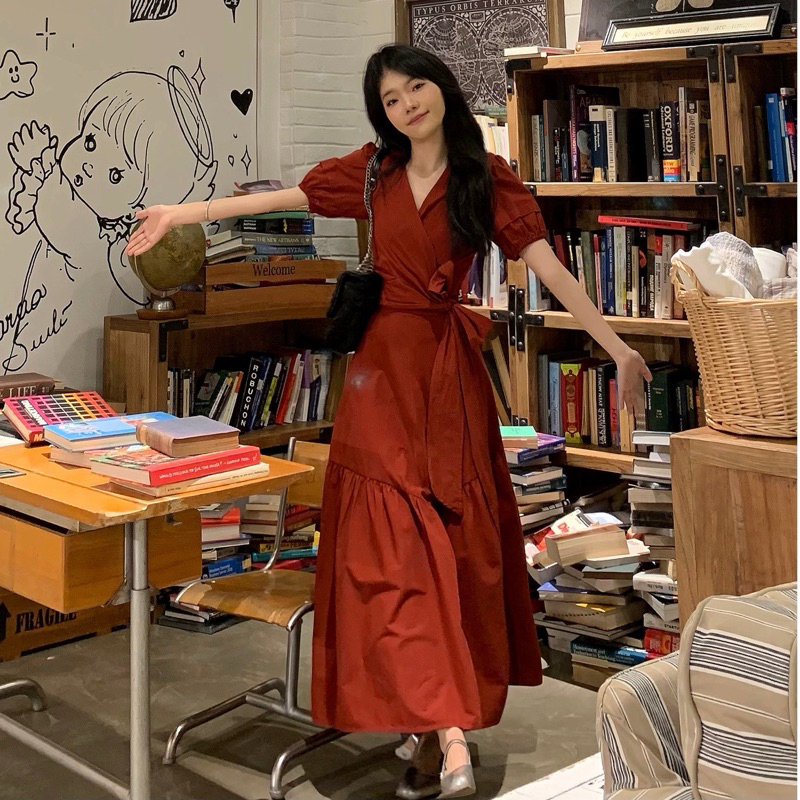 Set áo thắt nơ eo kèm chân váy dáng dài màu đỏ đô Logastore_L286_thumbnail_1